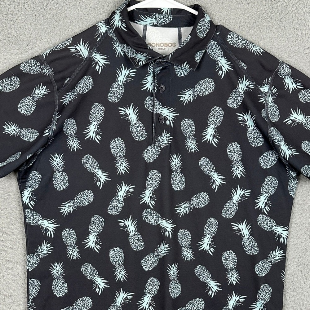 Bonobos Golf Polo Shirt Mens Medium Black‎ Blue Slim Fit Pineapple Print Rugby